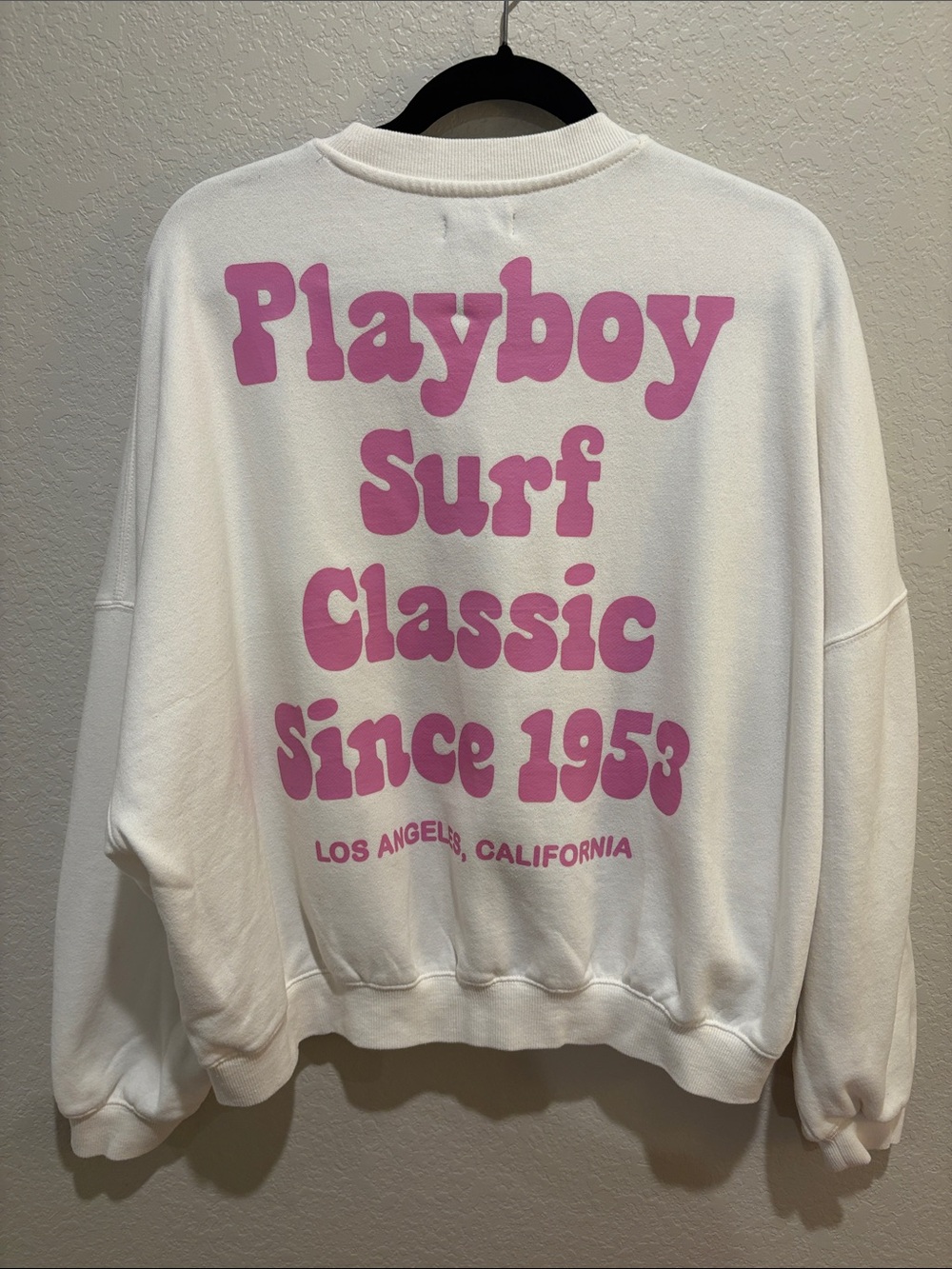 PLAYBOY x Pacsun White Crewneck Sweatshirt with Pink Surf Graphic
